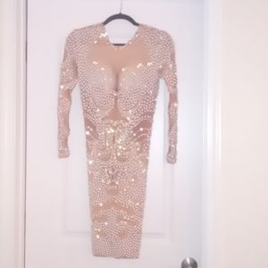 Sequin pearl accent dress medium cream color semi sheer mid calf length formal